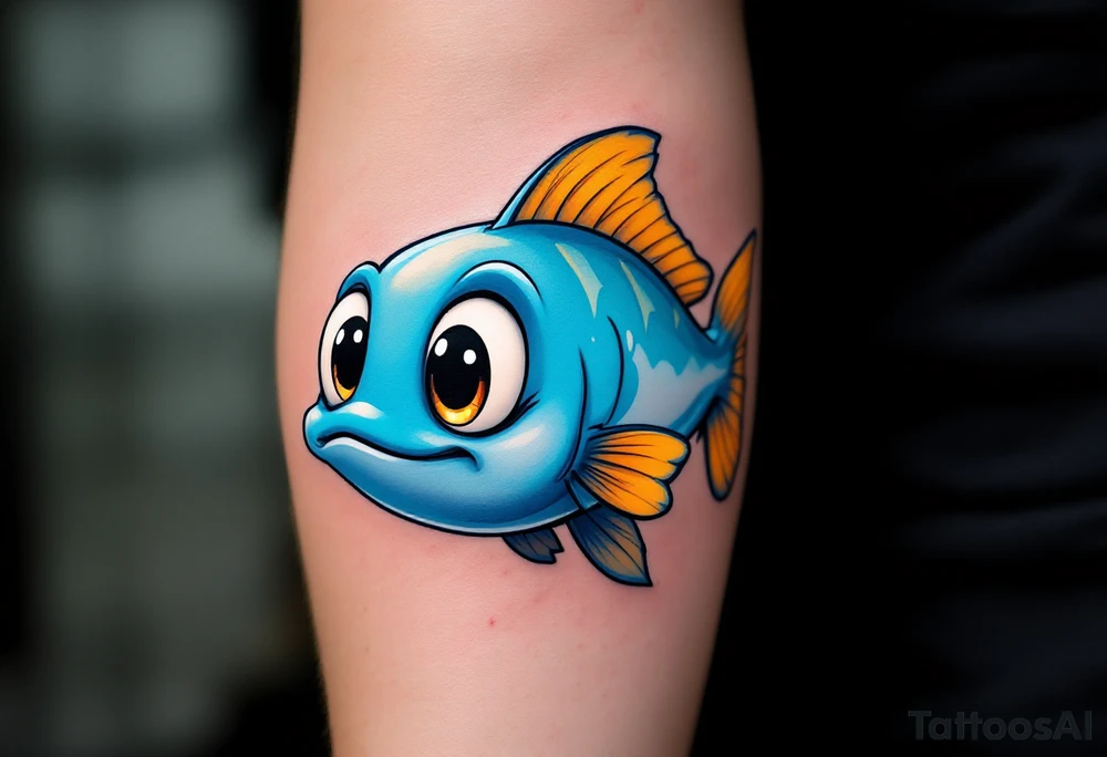 Cartoon Catfish Character – A friendly, round-bellied catfish with sky-blue body, yellow fins, and oversized, expressive eyes, ideal for a fun and playful design. tattoo idea