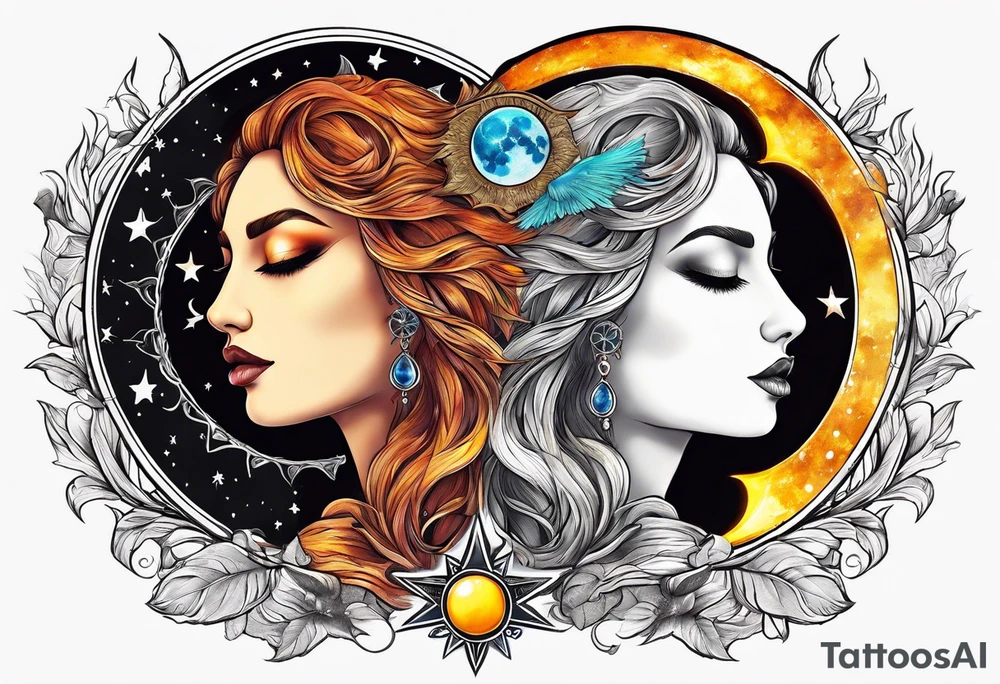 Twin flame with sun and moon tattoo idea