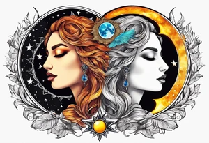 Twin flame with sun and moon tattoo idea