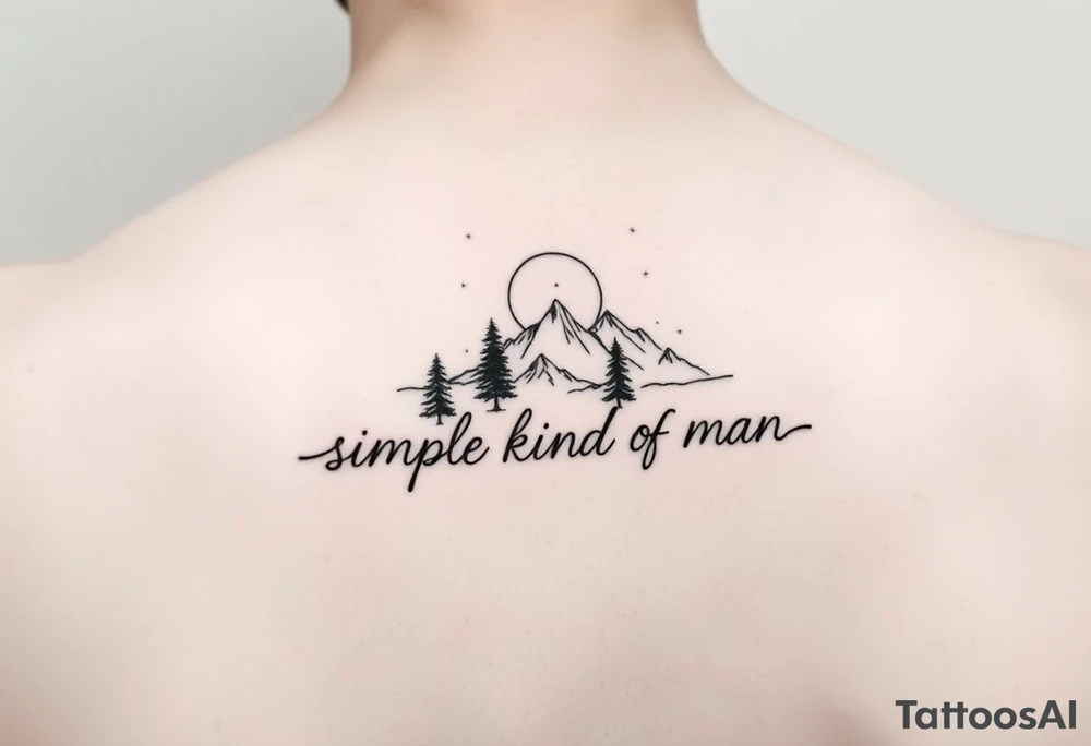 A minimalist tattoo with the words ‘Simple Kind of Man’ in handwritten script, framed by pine trees, mountains, and a rising sun. Evokes peaceful strength and humility. Fine line blackwork for the forearm. tattoo idea