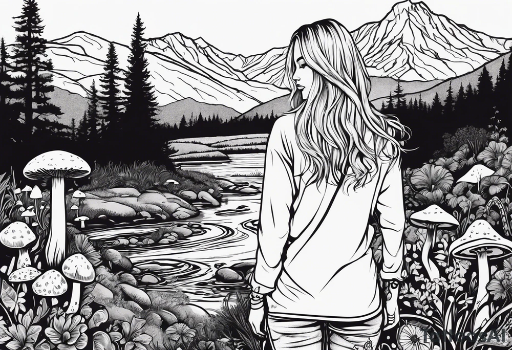 Whole picture encircled fully

Straight long blonde hair hippie girl in distance holding mushrooms in hand facing away toward mountains and creek surrounded by mushrooms long sleeve shirt and hiking pants; whole rendering within a full celtic circle border, no cut off circle tattoo idea