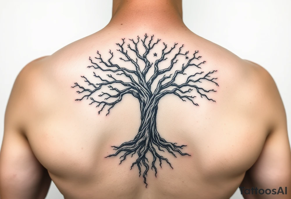 mystical tree of life with cosmic roots and celestial branches tattoo idea
