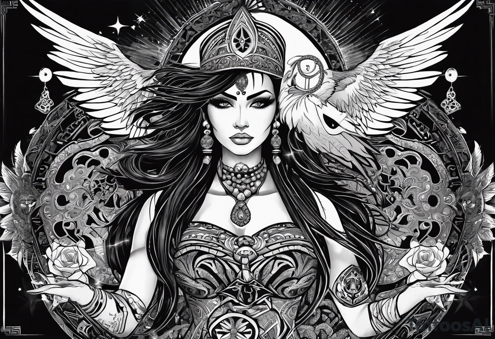 black kali, goddess pirate, alien, pachamama, valkrye, warrior, skull, lotus azul, wing, eagle, zenza resonance, stars, one side chest tattoo idea