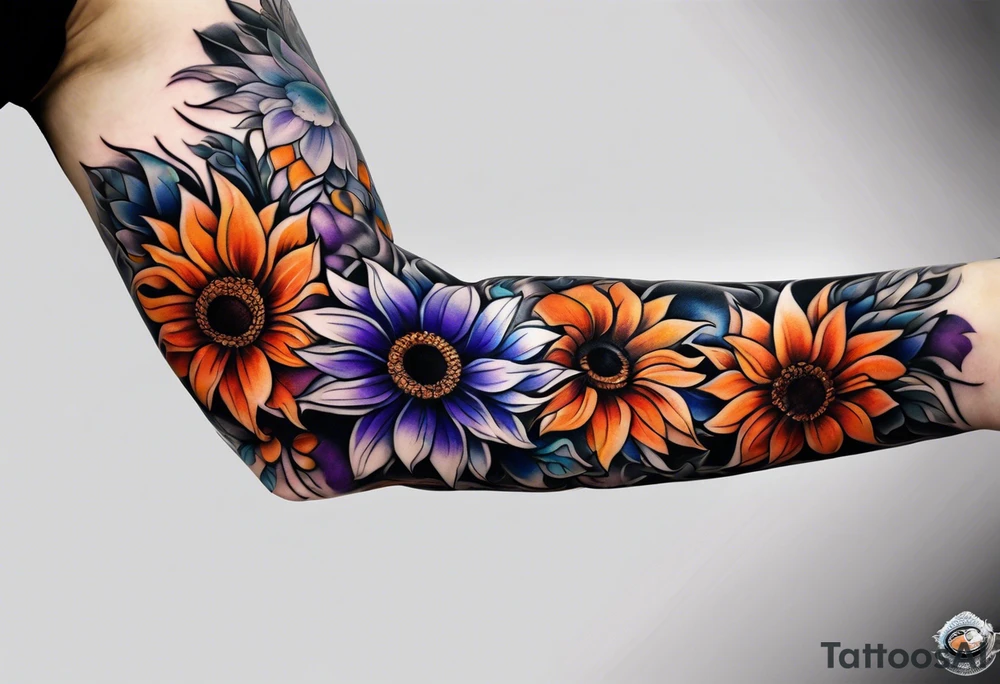 Full arm sleeve with purple, orange and blue sunflowers tattoo idea