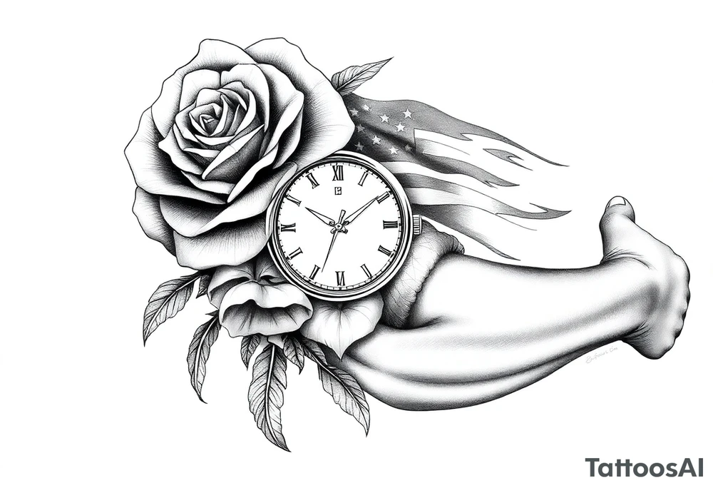 grafica realistica con una rosa, un orologio, una fenice ultra realistica e la bandiera americana tattoo idea