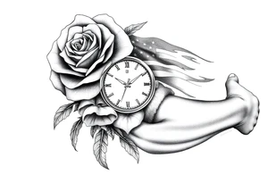 grafica realistica con una rosa, un orologio, una fenice ultra realistica e la bandiera americana tattoo idea