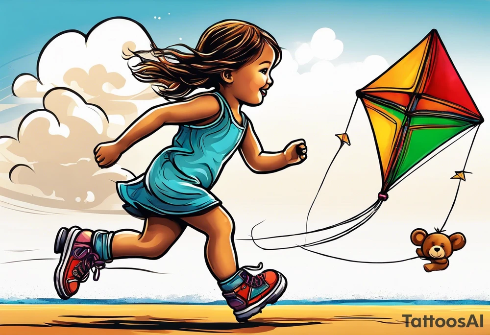 a little girl running with a kite and a teddy bear on roller skates following her with the words "Go Fly A Kite" tattoo idea