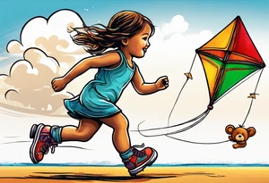 a little girl running with a kite and a teddy bear on roller skates following her with the words "Go Fly A Kite" tattoo idea