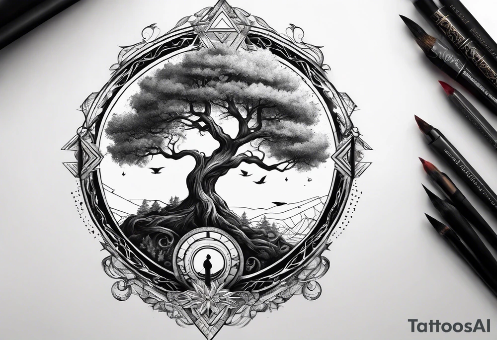 tree growing from book with branches containing triangle portals to other worlds tattoo idea