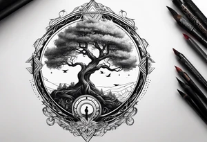 tree growing from book with branches containing triangle portals to other worlds tattoo idea