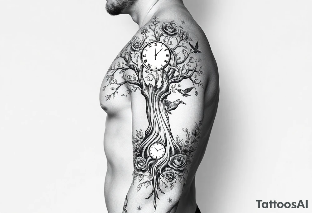 tree of life with clock, surrounded by floral ornaments and birds tattoo idea