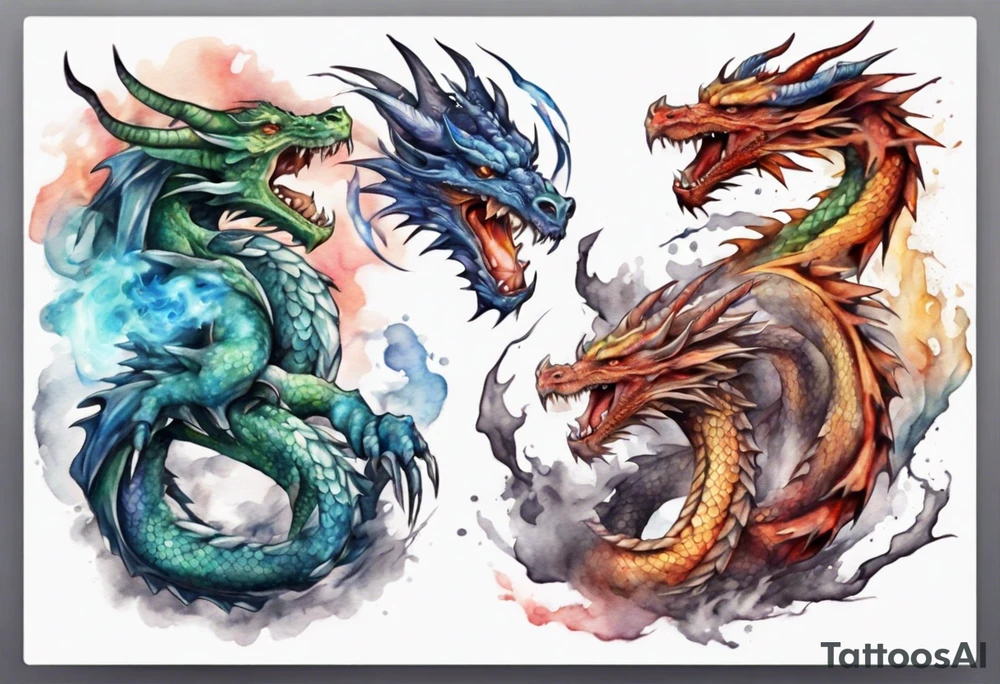 realistic mystic dragons fighting tattoo idea