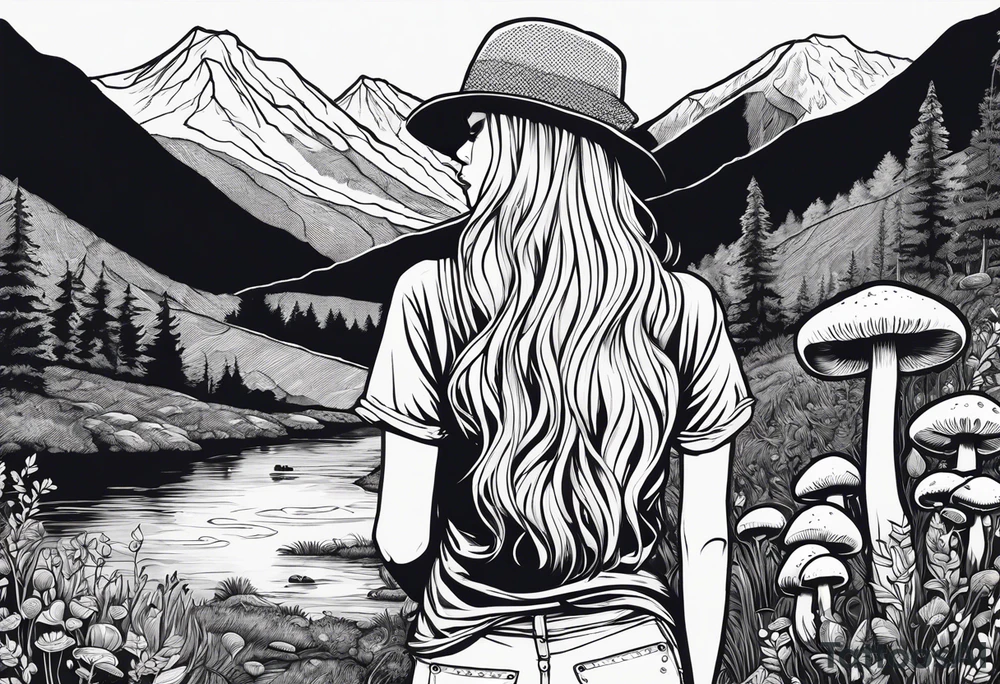 Straight long blonde hair hippie girl in distance holding mushrooms in hand facing away toward mountains and creek surrounded by mushrooms tee shirt and hiking pants tattoo idea