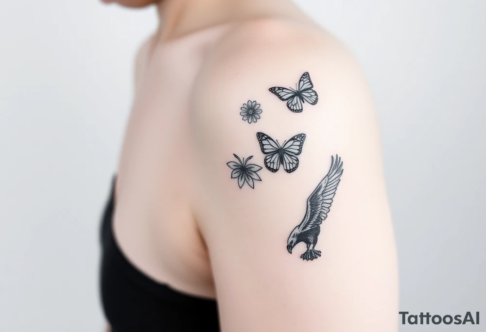 Show me an upper arm/shoulder/shoulder blade tattoo design with a birth flower for July, July, January, September, and 3 butterflies, and a raven and an eagle tattoo idea
