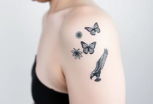 Show me an upper arm/shoulder/shoulder blade tattoo design with a birth flower for July, July, January, September, and 3 butterflies, and a raven and an eagle tattoo idea