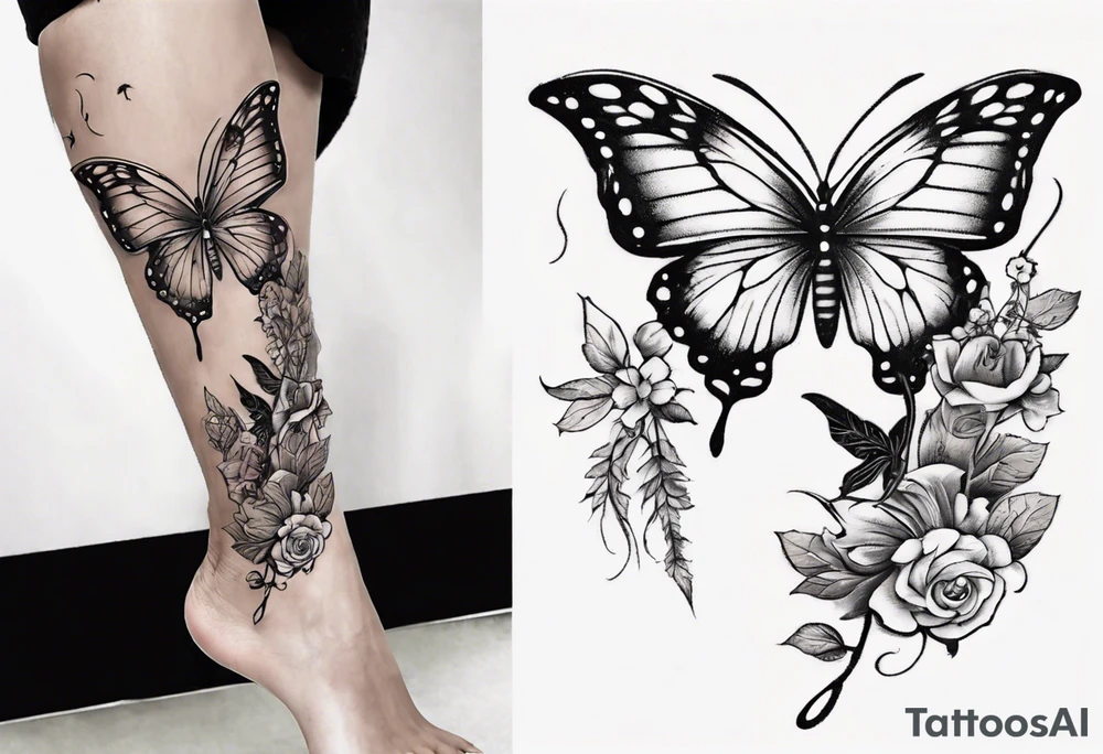 Butterfly wrap tattoos with large centre piece with moon and floral theme. Bracelet around ankle show on higher ankle tattoo idea