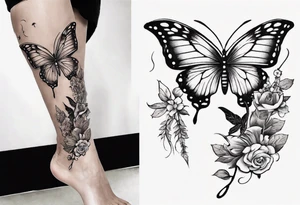 Butterfly wrap tattoos with large centre piece with moon and floral theme. Bracelet around ankle show on higher ankle tattoo idea