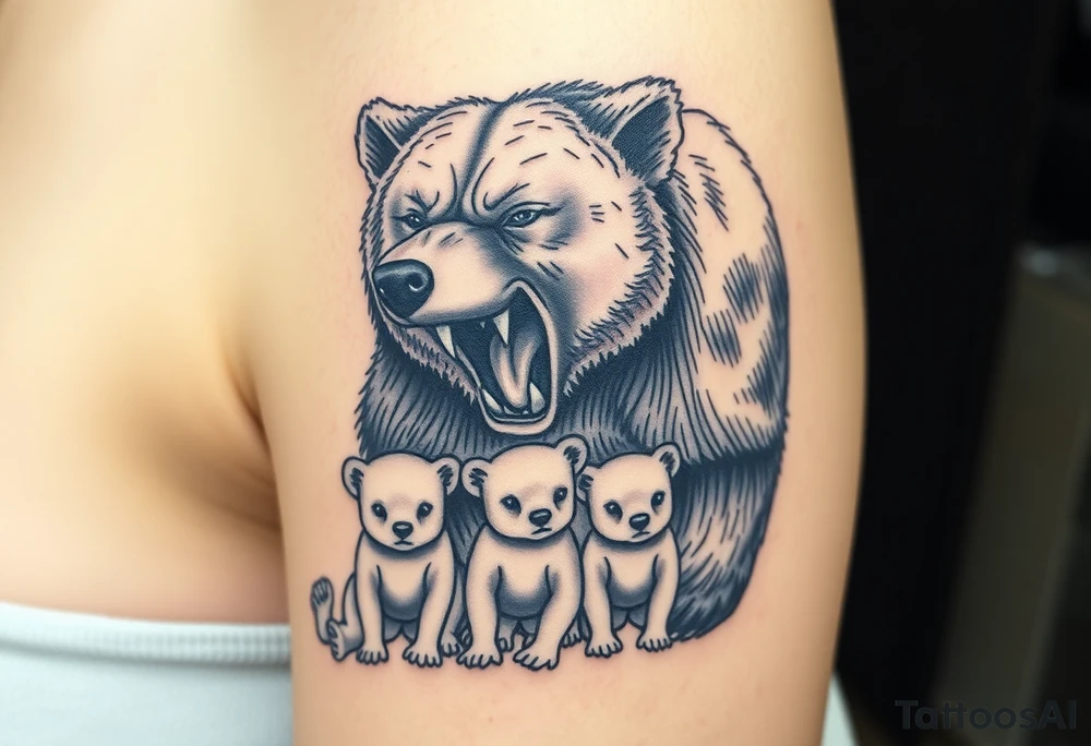A detailed grizzly bear fiercely growling, looming over 4 cubs 3 girls and a boy. tattoo idea
