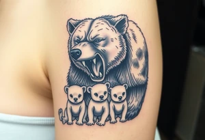 A detailed grizzly bear fiercely growling, looming over 4 cubs 3 girls and a boy. tattoo idea