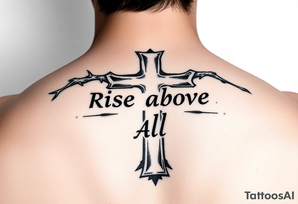 cross tattoo with thorns saying rise above all tattoo idea