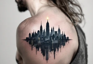 A futuristic city skyline in deep shades of gray and navy blue, with a single bright gold star shining above, symbolizing hope in a dystopian world. tattoo idea