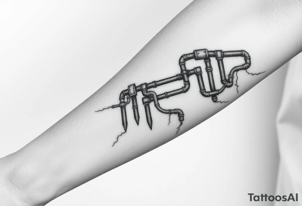 Top pipe starts closer to the elbow, long System of pipes that transitions and transforms into veins of forearm tattoo idea