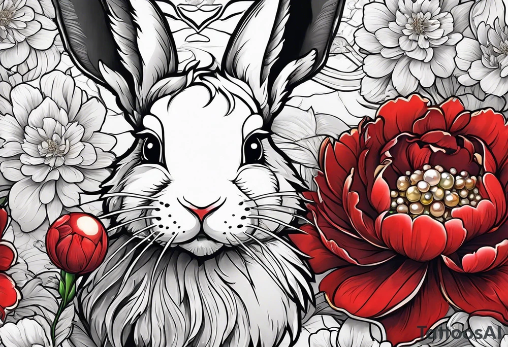 Red peony with dangling pearl necklace with rabbit on top tattoo idea