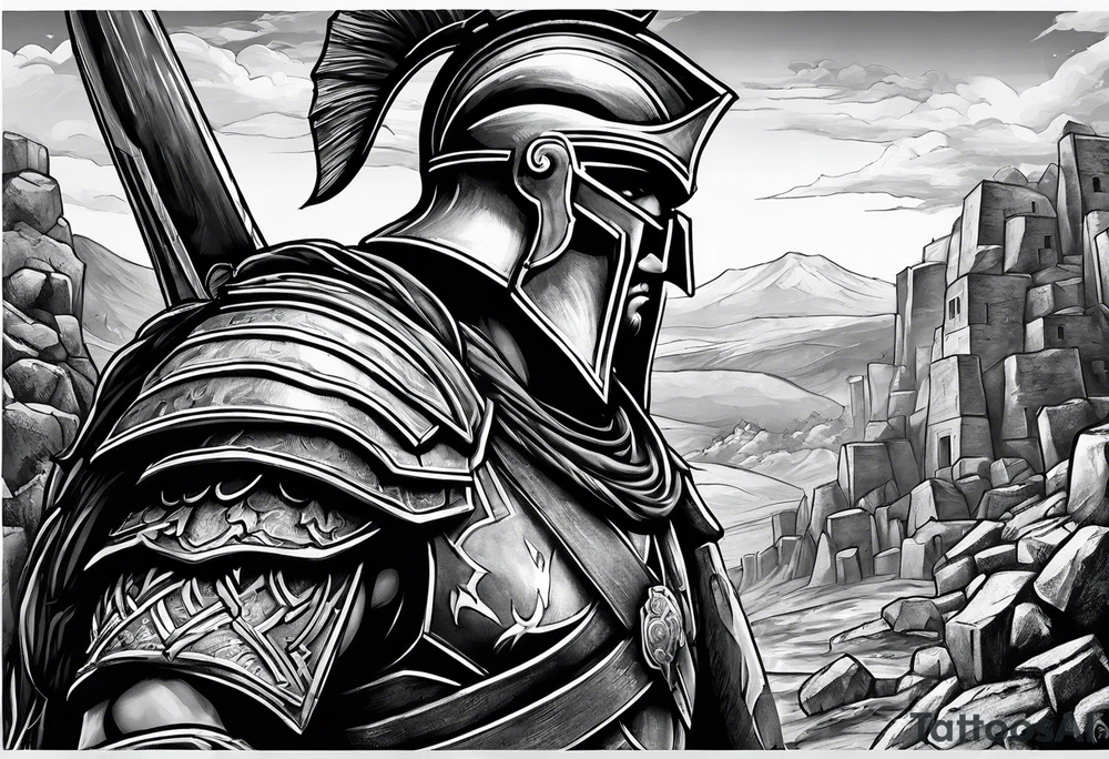 Spartan soldier looking at burning ruins tattoo idea