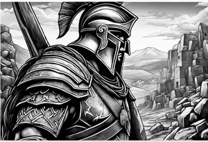 Spartan soldier looking at burning ruins tattoo idea