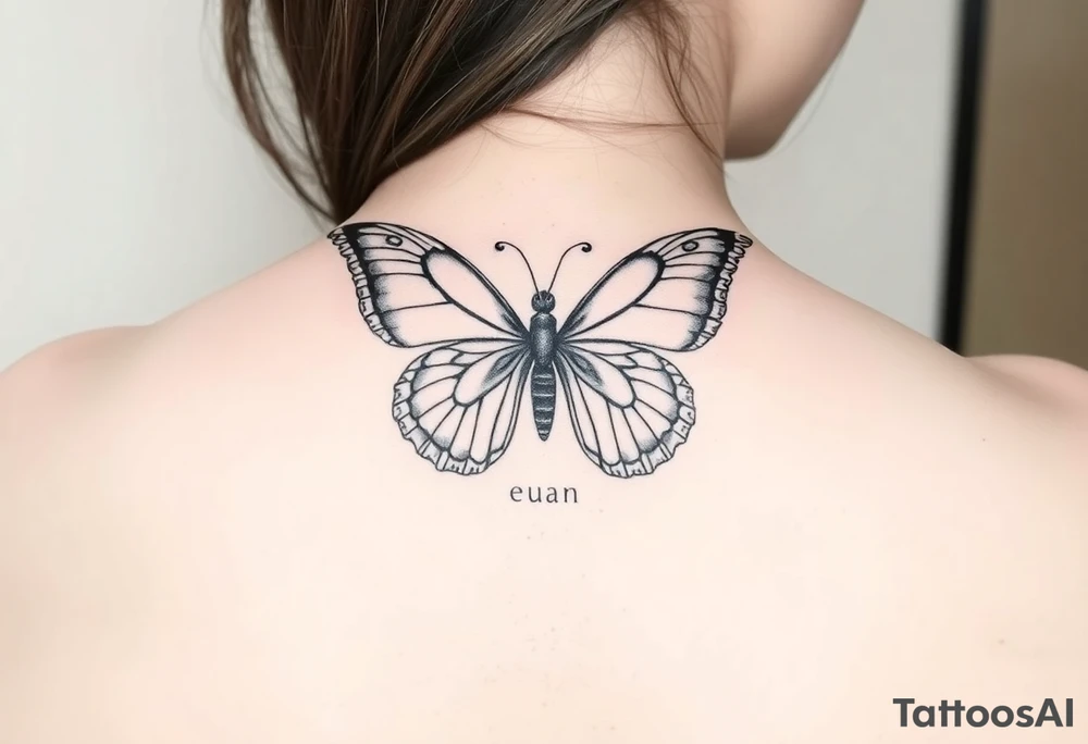 A butterfly with the name “euan” incorporated into it tattoo idea