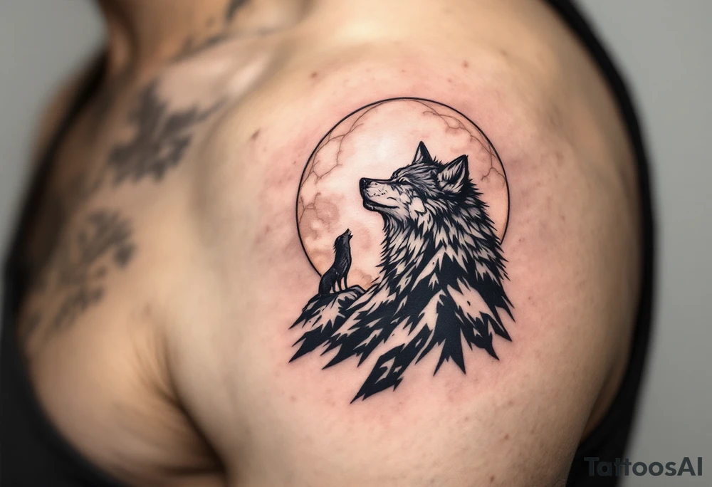 wolf on mountain howling at moon tattoo idea