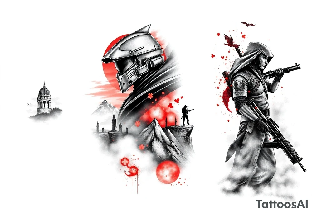 Full arm sleeve tattoo design, black and grey sketch incorporating the following:
Halo Reach: skyline in storm clouds with ember-red glow, emille silhouette in distance on the inner arm
Ghost of Tsushima: Jin Sakai face and mask, katana behind, with flowing blood-red cherry blossoms drifting across on inner forearm
Helldivers 2: silhouettes of Helldivers dropping from pods through smoke and sparks (orange sparks glowing), on the outer arm
DOOM Eternal: hyper-realistic Doom Slayer silhouette with super shotgun over shoulder, fire and flames around on the outer forearm



Inner left arm: Firewatch tower in silhouette on ridges, orange and purple dusk glow blending into smoke. tattoo idea