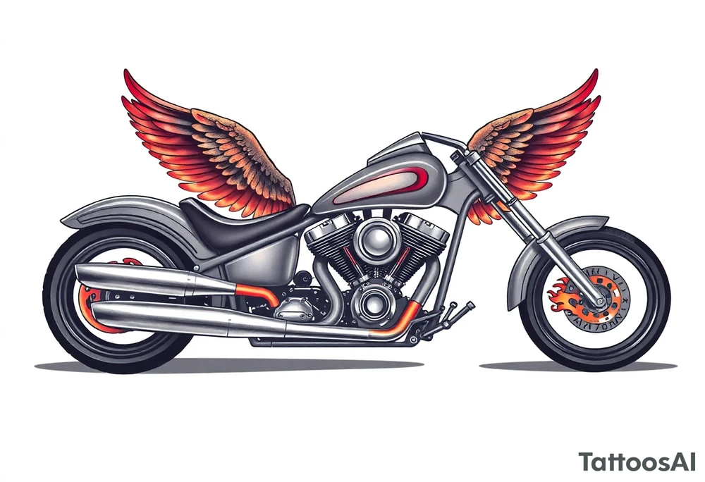 Low rider grey motorcycle, big muffler pipes with flames, angel wings tattoo idea