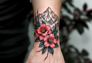 vertical wrist size red  and black rhododendron trippy with Himalayas behind tattoo idea