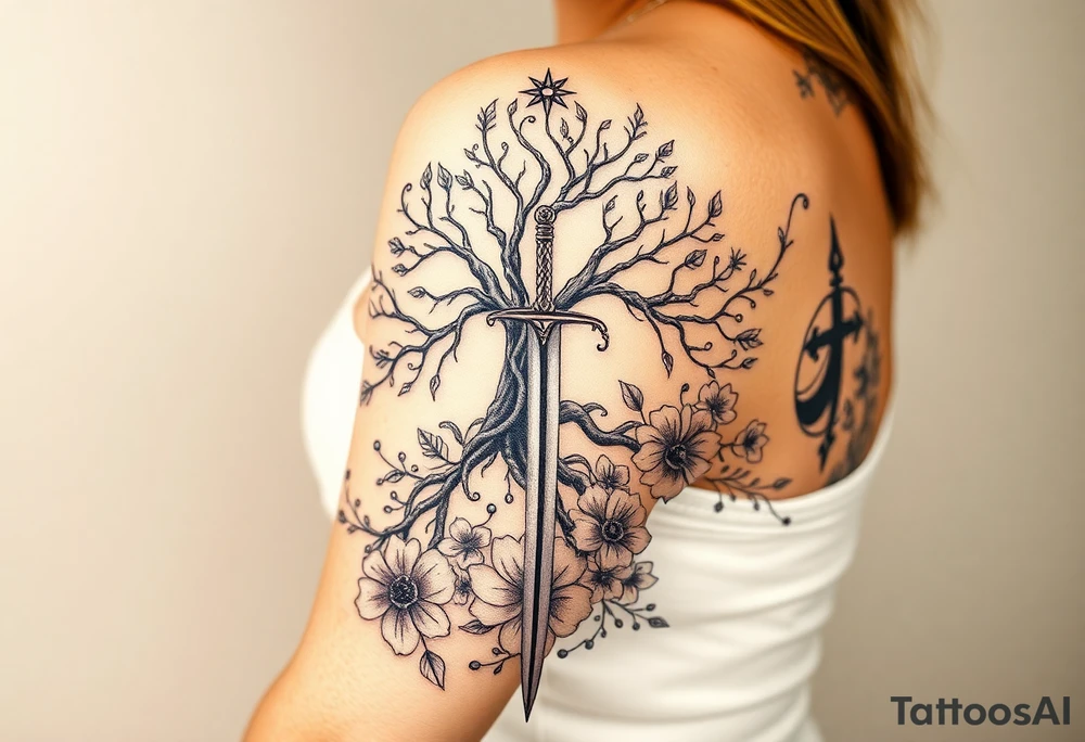based on the Lord of the rings movies with the tree of Gondor, the Evenstar, the sword Narsil, and flowers tattoo idea