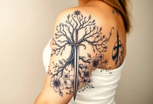 based on the Lord of the rings movies with the tree of Gondor, the Evenstar, the sword Narsil, and flowers tattoo idea