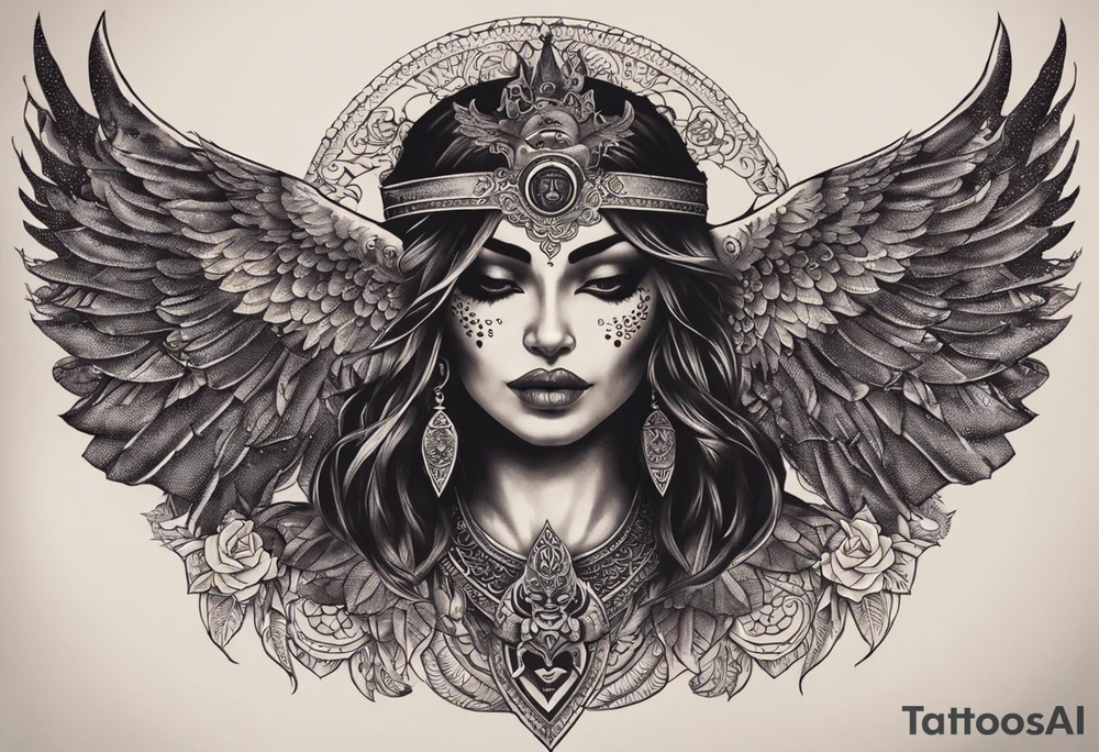 black kali, goddess pirate, alien, angel, pachamama, valkrye, warrior, flying, skull, lotus azul, wing, eagle, zenza resonance, stars, 5D, anahata chakra, death, durga, riding on a tiger, flying lady, kundalini, chest tatoo tattoo idea
