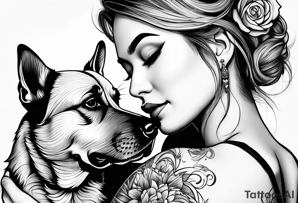 female dog reaching for hand of woman facing backwords tattoo idea