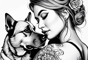 female dog reaching for hand of woman facing backwords tattoo idea