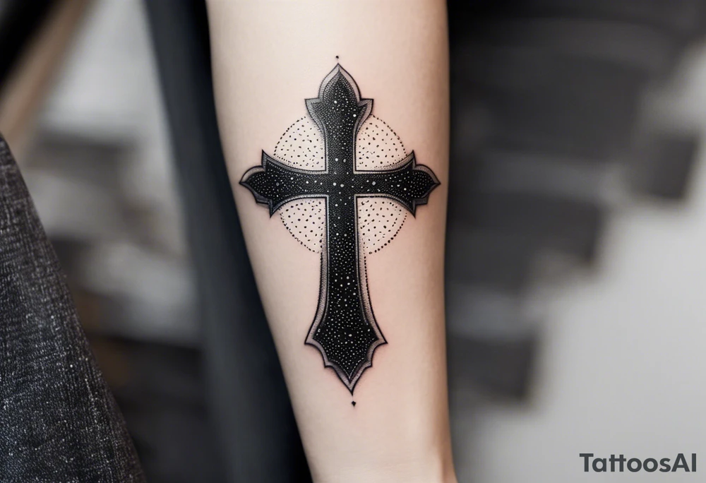 Tattoo: A refined cross with a soft halo on top of it, symbolizing light and spirituality. Delicate rays extend outward from the halo, adding a subtle glow and depth. The cross itself is simple and elegant, with potential for small, intricate line details within the design. tattoo idea
