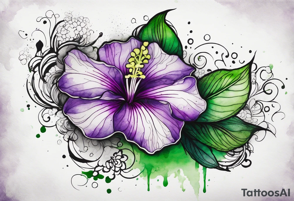 A mystical outline of a green and purple rio dipladenia flower and a green and purple watercolor splash in the background tattoo idea