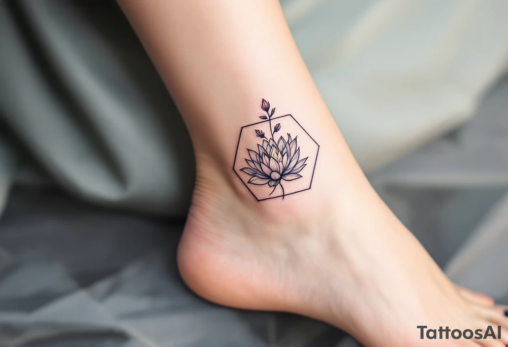 Leo, larkspur and water lily surrounded by a hexagon tattoo idea