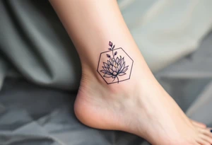 Leo, larkspur and water lily surrounded by a hexagon tattoo idea