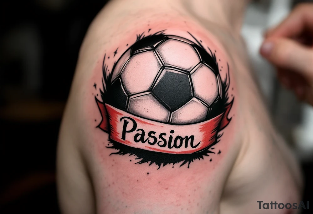 A classic black and white soccer ball tattoo wrapped in a red banner with the word “Passion.” tattoo idea