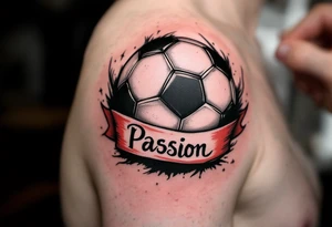 A classic black and white soccer ball tattoo wrapped in a red banner with the word “Passion.” tattoo idea