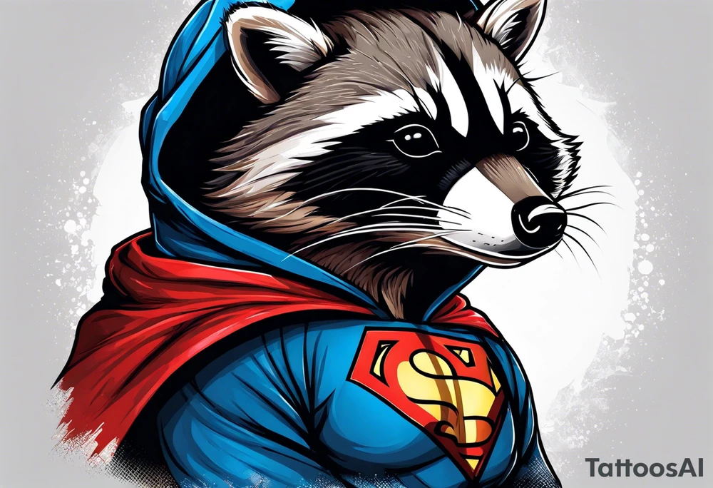 raccoon wearing a Superman hoodie tattoo idea