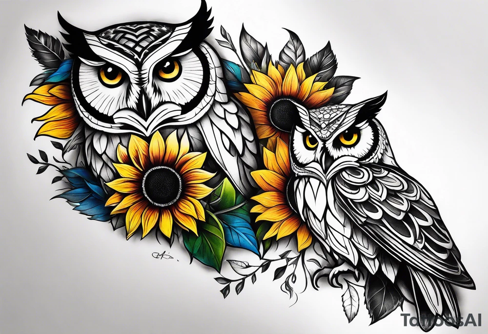 Leg sleeve with colorful sunflowers and an owl tattoo idea