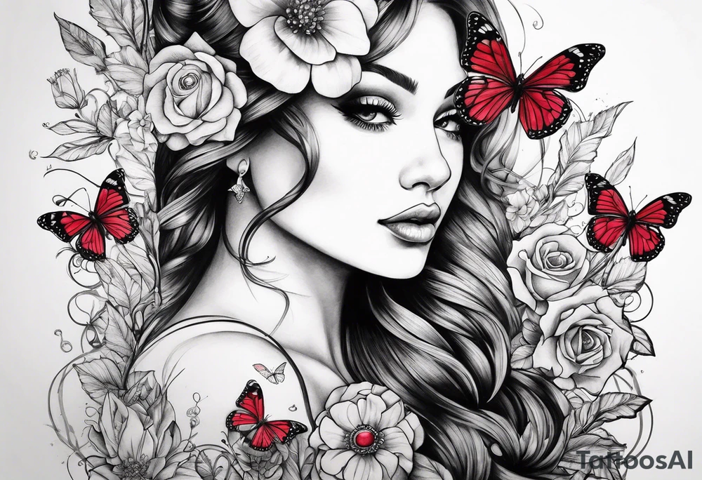 Flowers with "Ruby" in calligraphy font and butterflies around it tattoo idea Flowers with "Ruby" in calligraphy font and butterflies around it tattoo idea