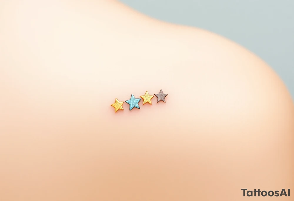 A small cluster of three delicate stars, varying in size, arranged in a diagonal line. The stars have a soft gradient effect, with the largest one in light gold, the second in silver, and the smallest in pale blue. The stars have a gentle, glowing effect around their edges to create a dreamy, ethereal feel. This design represents guidance, dreams, and wishes coming true. tattoo idea