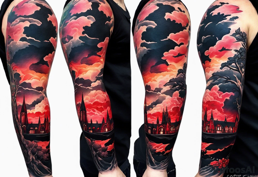 I am black Full arm sleeve with multiple elements blended together. I want the Duke university chapel , cherry tree elements , red clouds from akatski , naruto or sauske , Atl skyline and captain tattoo idea